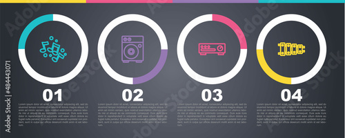 Set line Music note, tone, Guitar amplifier, Sound mixer controller and Xylophone. Business infographic template. Vector