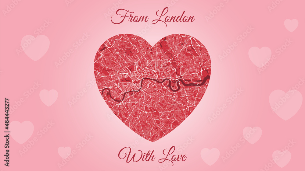 From London with love card, city map in heart shape. Romantic city travel cityscape. Horizontal pink and red color vector illustration.
