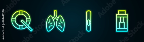 Set line Ashtray with cigarette, Lungs, Cigar and Vape mod device. Glowing neon icon. Vector