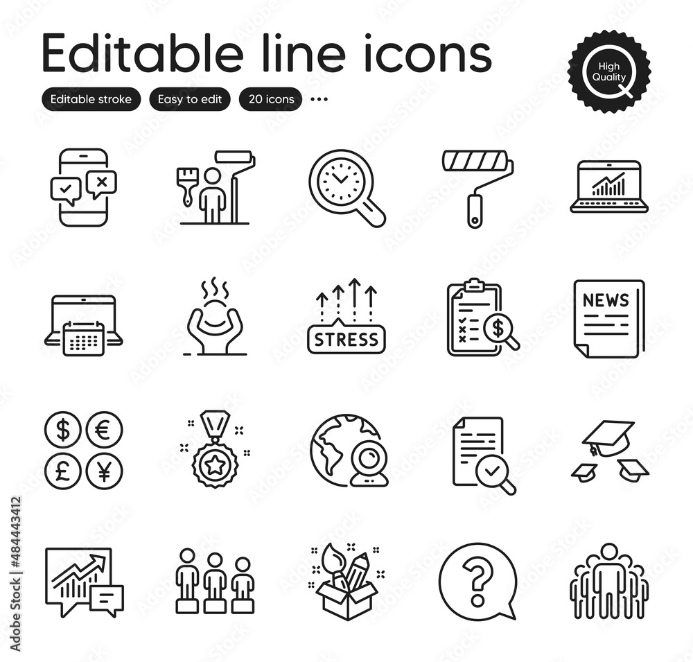 Set of Education outline icons. Contains icons as Calendar, Online statistics and Video conference elements. Throw hats, Paint roller, Creativity web signs. Phone survey. Outline calendar icon. Vector Set of Education outline icons. Contains icons as Calendar, Online statistics and Video conference elements. Throw hats, Paint roller, Creativity web signs. Phone survey. Outline calendar icon. Vector