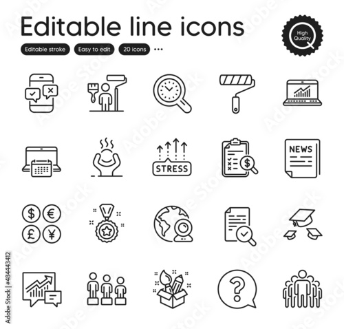 Set of Education outline icons. Contains icons as Calendar, Online statistics and Video conference elements. Throw hats, Paint roller, Creativity web signs. Phone survey. Outline calendar icon. Vector