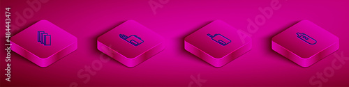 Set Isometric line Cigarette rolling papers, Vape mod device, Electronic cigarette and icon. Vector