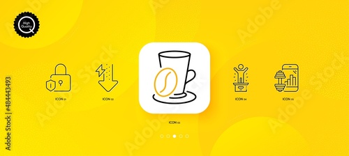 Coffee cup, Lock and Winner podium minimal line icons. Yellow abstract background. Energy drops, Fitness app icons. For web, application, printing. Latte drink, Padlock shield, First place. Vector