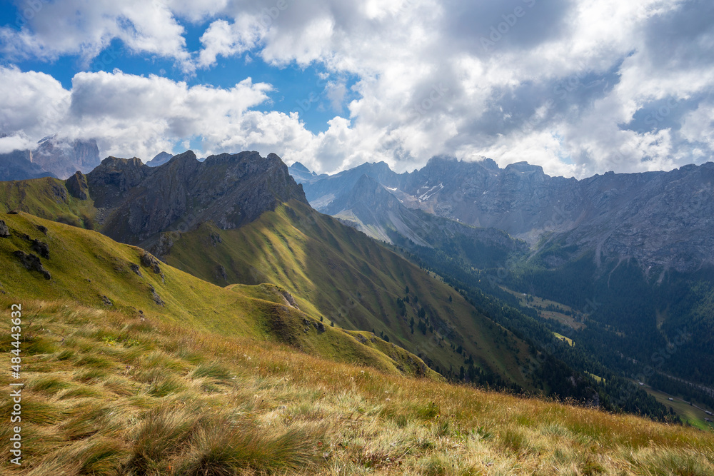 Mountain landscape from the Lino Pederiva ridge trail in the Dolomites.