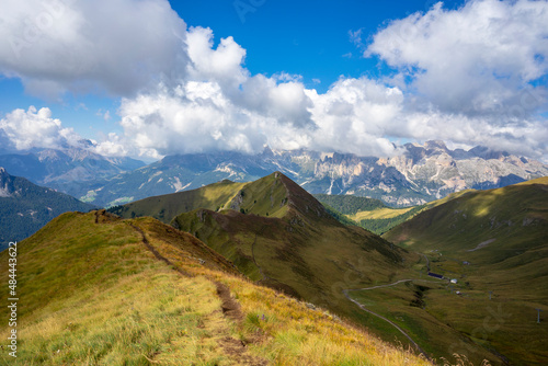 Mountain landscape from the Lino Pederiva ridge trail in the Dolomites.