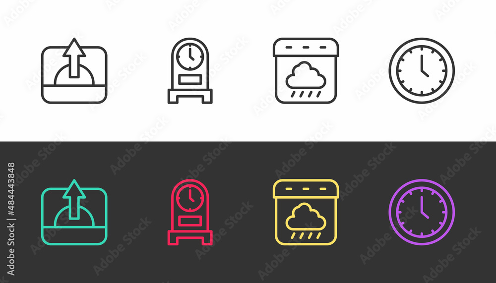 Set line Sunrise, Antique clock, Calendar autumn and Clock on black and white. Vector Set line Sunrise, Antique clock, Calendar autumn and Clock on black and white. Vector