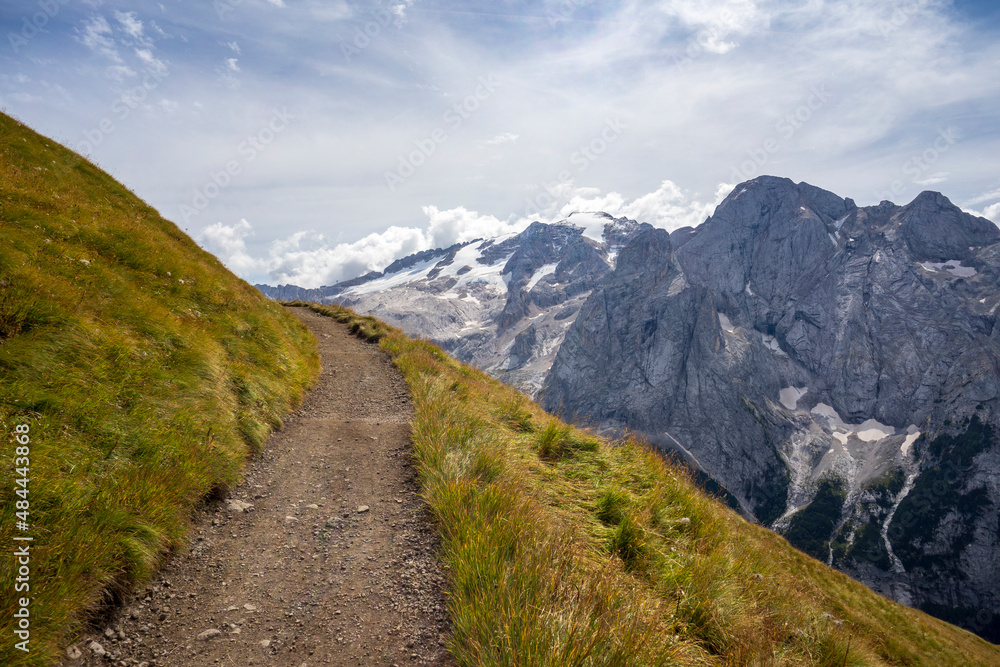 View of Marmolada from the Viel del Pan trail. Dolomites. View of Marmolada from the Viel del Pan trail. Dolomites.