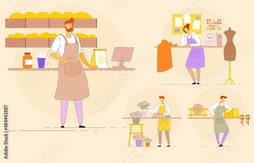 Set of small business owner or vendor at counter. Bakery shop, flouriest store, sewing workshop and carpentry workstation