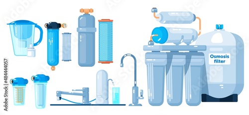 Water filter system with tank for aqua purification set. Aquarium or kitchen supply for liquid purity processing