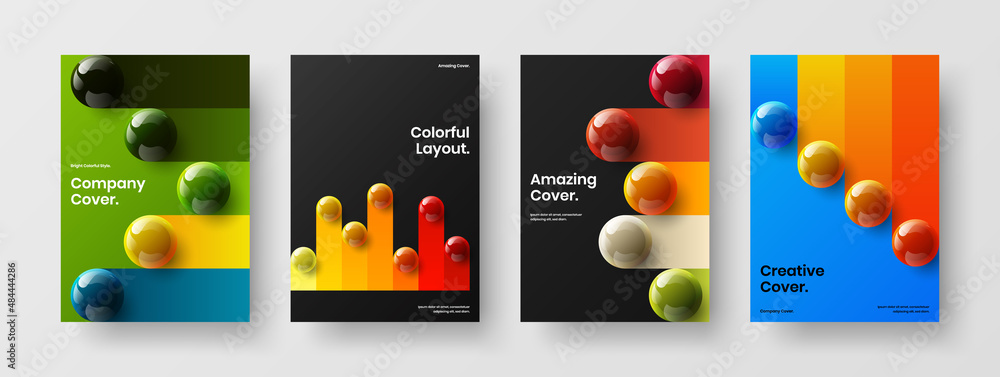 Geometric catalog cover A4 vector design template set. Creative realistic balls poster illustration bundle.