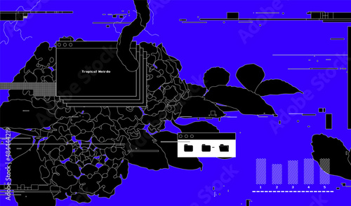 Outline flower and computer glitch and tech stuffs elements with desktop message box, nature and technology concept style, clean mono black and white color