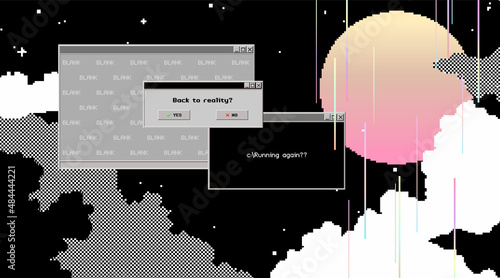 Night sky, clouds, big glow moon and stars with vintage OS message box for copy space, pixels art and glitch elements blank background illsutration design, simple mono colour style, cute retro technol