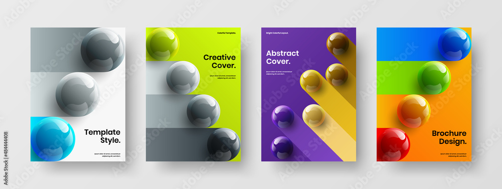 Bright flyer design vector template collection. Original 3D balls cover illustration composition.