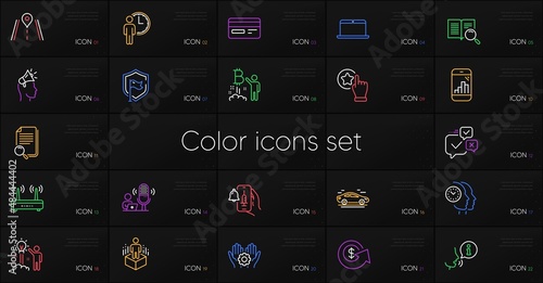 Set of Credit card, Rate button and Time management line icons. Include Search file, Car, Waiting icons. Brand ambassador, Online voting, Shield web elements. Augmented reality. Vector