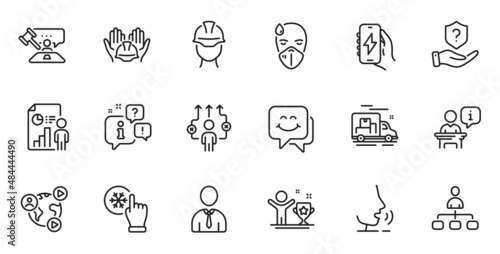 Outline set of Protection shield, Human and Winner cup line icons for web application. Talk, information, delivery truck outline icon. Include Builders union, Sick man, Freezing click icons. Vector