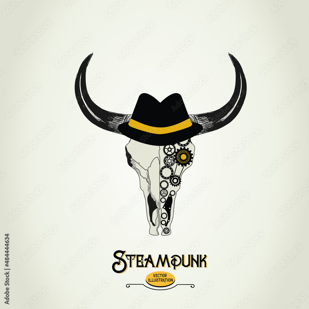 Fototapeta premium Steampunk bull skull illustration with hat and mechanical eye