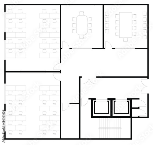 Architectural layout plan with 2 seminar or classroom rooms and 2 small meeting rooms. It is equipped with 2 lifts. 2D CAD drawings in black and white.
