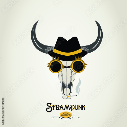 Steampunk bull skull illustration with hat and goggles