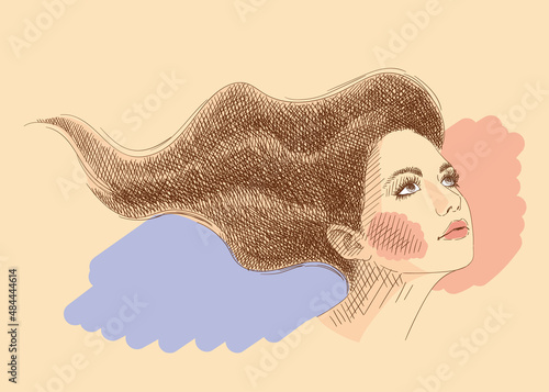 Color sketch of a beautiful girl with  hairstyle. Woman's portrait in a line graphics. Fashion illustration. Makeup, hairstyle, beauty salon. Vintage brown and beige card, hand-drawn, vector. 