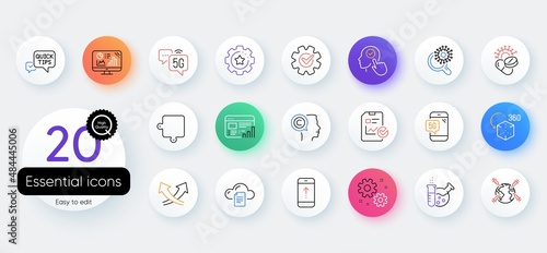 Simple set of 5g internet, File storage and Work line icons. Include Puzzle, 5g phone, Swipe up icons. Coronavirus research, Cogwheel, Select user web elements. Report checklist. Vector