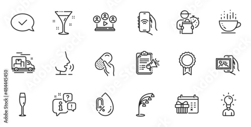 Outline set of Video conference  Christmas calendar and Floor lamp line icons for web application. Talk  information  delivery truck outline icon. Vector