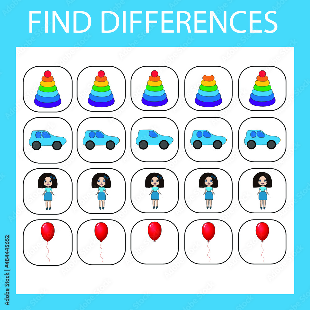 Developing activity for children - find the difference. Logic game for children. Find an extra colorful toys Developing activity for children - find the difference. Logic game for children. Find an extra colorful toys