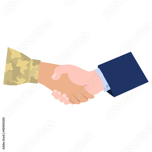 The handshake of a military and civilian man on a white background.Vector illustration.