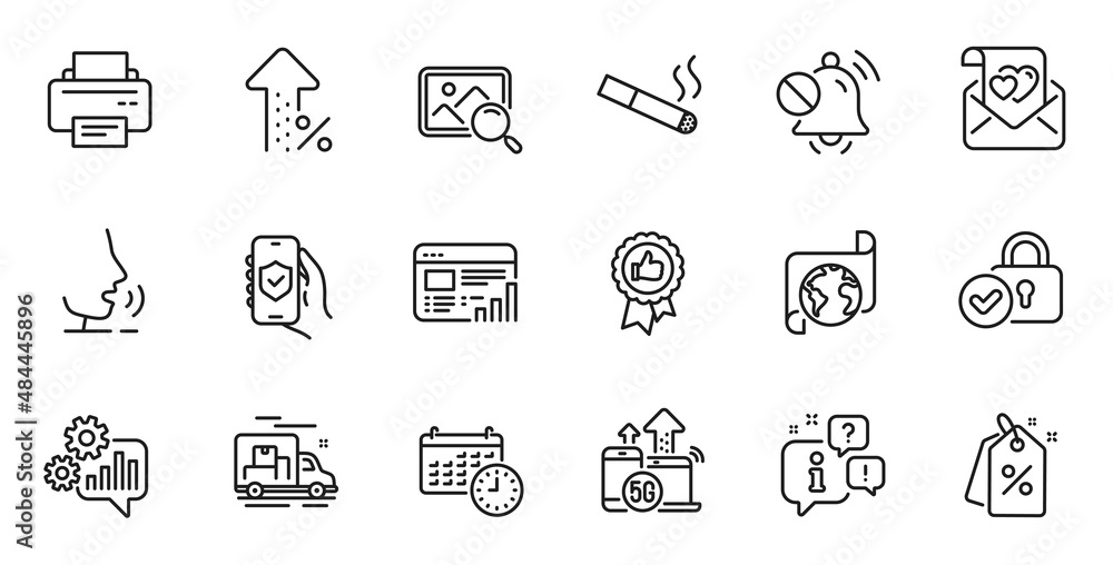 Outline set of 5g internet, Security app and Positive feedback line icons for web application. Talk, information, delivery truck outline icon. Vector Outline set of 5g internet, Security app and Positive feedback line icons for web application. Talk, information, delivery truck outline icon. Vector
