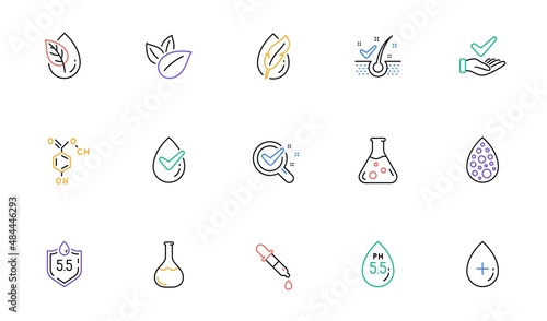 No artificial colors, Anti-dandruff flakes free line icons. Dermatologically tested, Paraben chemical formula icons. Hypoallergenic tested, Neutral ph. Linear set. Bicolor outline web elements. Vector