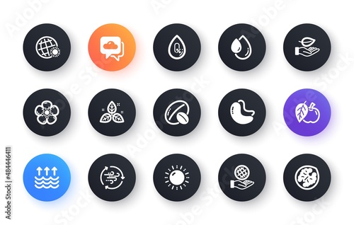 Minimal set of Evaporation, Oil drop and Sun energy flat icons for web development. Fair trade, Weather forecast, Cashew nut icons. No alcohol, Natural linen, Leaf web elements. Apple. Vector