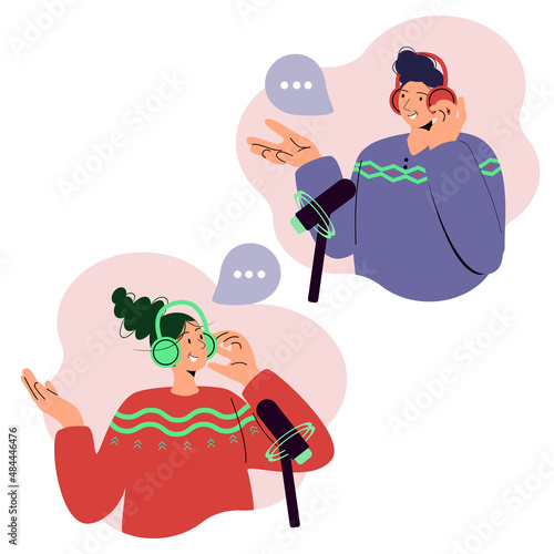 Cartoon smiling people recording audio podcast or online show vector flat illustration. Radio presenter joyful person interviewing guest, broadcast media. Flat vector illustration