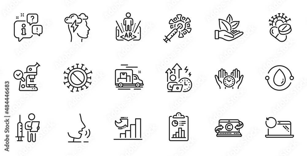 Outline set of Report, Growth chart and Recovery laptop line icons for web application. Talk, information, delivery truck outline icon. Vector