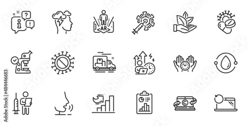 Outline set of Report, Growth chart and Recovery laptop line icons for web application. Talk, information, delivery truck outline icon. Vector