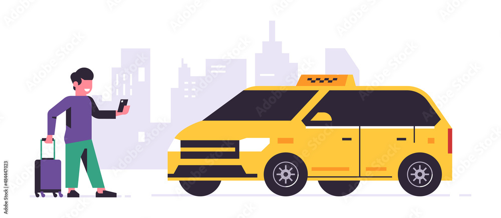 Online taxi ordering service. A driver in a yellow taxi, a passenger, transportation of people. Man with a suitcase, city, cab. Vector illustration isolated on background.