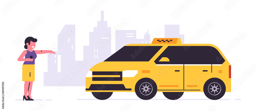 Online taxi ordering service. A driver in a yellow taxi, a passenger, transportation of people. The girl is waiting for the car, city, cab. Vector illustration isolated on background. Online taxi ordering service. A driver in a yellow taxi, a passenger, transportation of people. The girl is waiting for the car, city, cab. Vector illustration isolated on background.