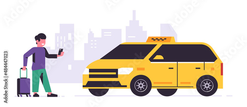 Online taxi ordering service. A driver in a yellow taxi, a passenger, transportation of people. Man with a suitcase, city, cab. Vector illustration isolated on background.