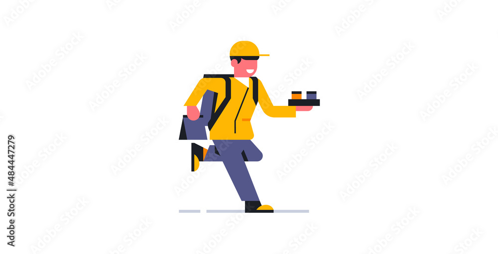The courier delivers food at a run. Online food delivery service to your home. Courier in working uniform. Bag, package, backpack, pizza, coffee. Vector illustration The courier delivers food at a run. Online food delivery service to your home. Courier in working uniform. Bag, package, backpack, pizza, coffee. Vector illustration