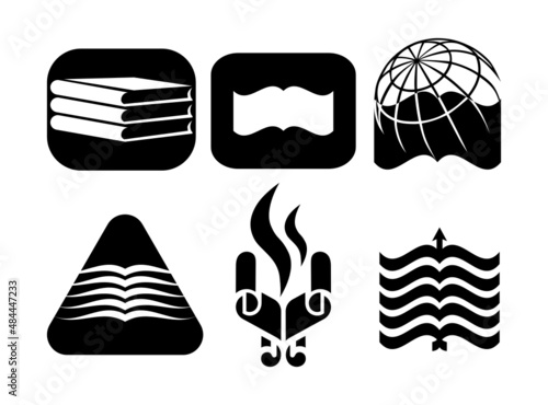 Bookstore & library or print shop logo, black and white icons set