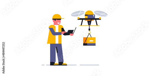 A courier delivers a parcel using a flying drone. Future technologies of online home delivery of parcels. Courier in working uniform. Control panel, helicopter, drone. Vector illustration