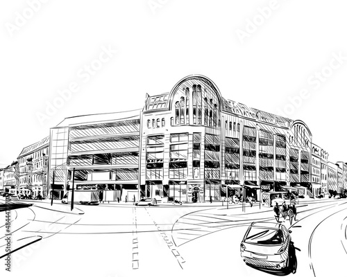 Germany. Berlin. Hackesche yards. Hand drawn sketch. Unusual perspective. City vector illustration