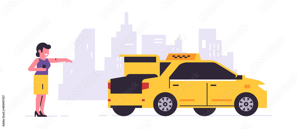 Online taxi ordering service. A driver in a yellow taxi, a passenger, transportation of people. The girl is waiting for the car, city, cab. Vector illustration isolated on background. Online taxi ordering service. A driver in a yellow taxi, a passenger, transportation of people. The girl is waiting for the car, city, cab. Vector illustration isolated on background.