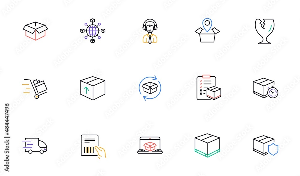 Logistics and Shipping line icons. Truck Delivery, Checklist and Parcel tracking. Cargo linear icon set. Bicolor outline web elements. Vector