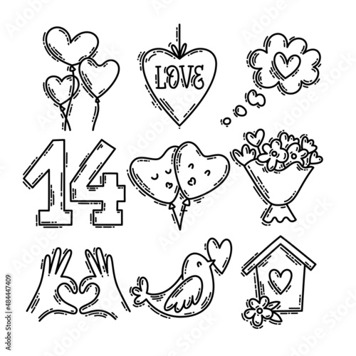 Valentine's Day doodle style hand-drawn icon set with simple engraving retro effect. Romantic mood cute love symbols and elements collection.