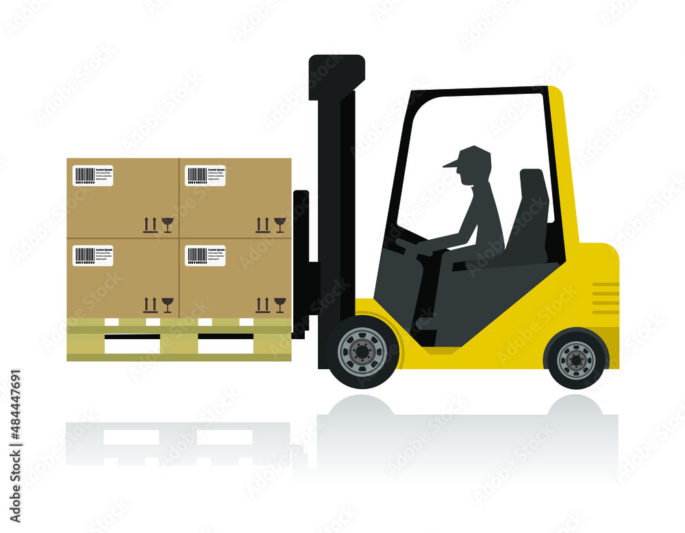 forklift in warehouse, cardboard boxes, vector illustration 