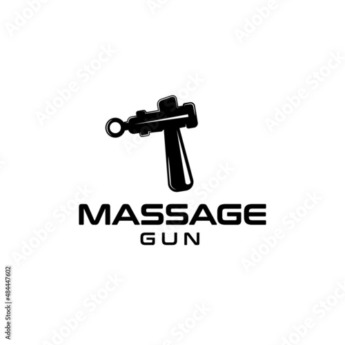 Massage gun logo symbol, body care design template icon, Fascia Massage Body for Athletes. Helps Relax Relieve Muscle Pain and Stiffness