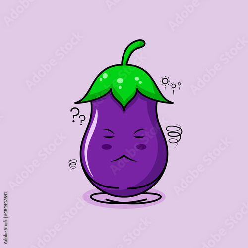 cute eggplant character with thinking expression, close eyes and sit cross-legged. green and purple. suitable for emoticon, logo, mascot