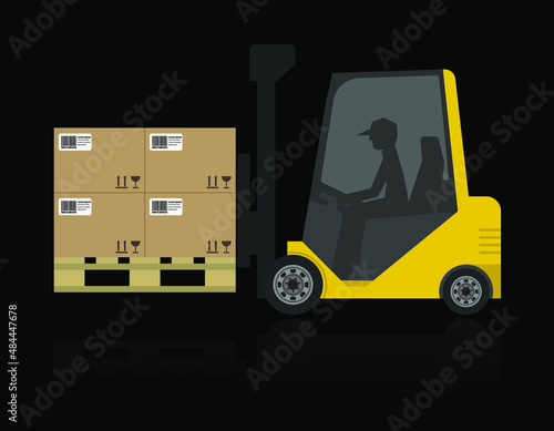forklift with boxes, black background, vector illustration 