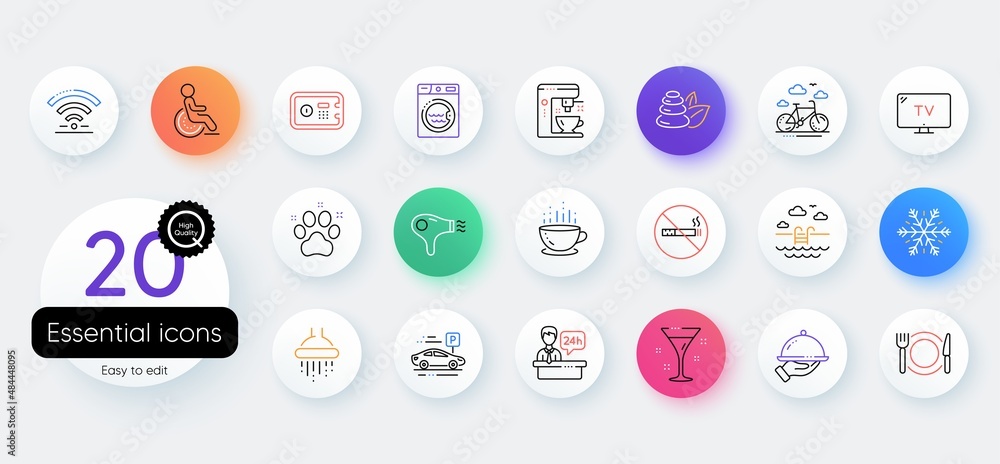 Hotel service line icons. Bicolor outline web elements. Wi-Fi, Air conditioning and Coffee maker machine. Spa stones, swimming pool and bike rental icons. Hotel parking, safe and shower. Vector