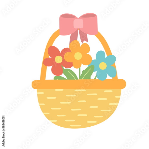 Wicker basket with flowers. Hand drawing  flat vector illustration on white