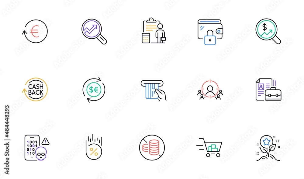 Accounting, Cashback and Business targeting line icons for website, printing. Collection of Wallet, Exchange currency, Credit card icons. Loyalty points, Analytics, Shopping cart web elements. Vector Accounting, Cashback and Business targeting line icons for website, printing. Collection of Wallet, Exchange currency, Credit card icons. Loyalty points, Analytics, Shopping cart web elements. Vector